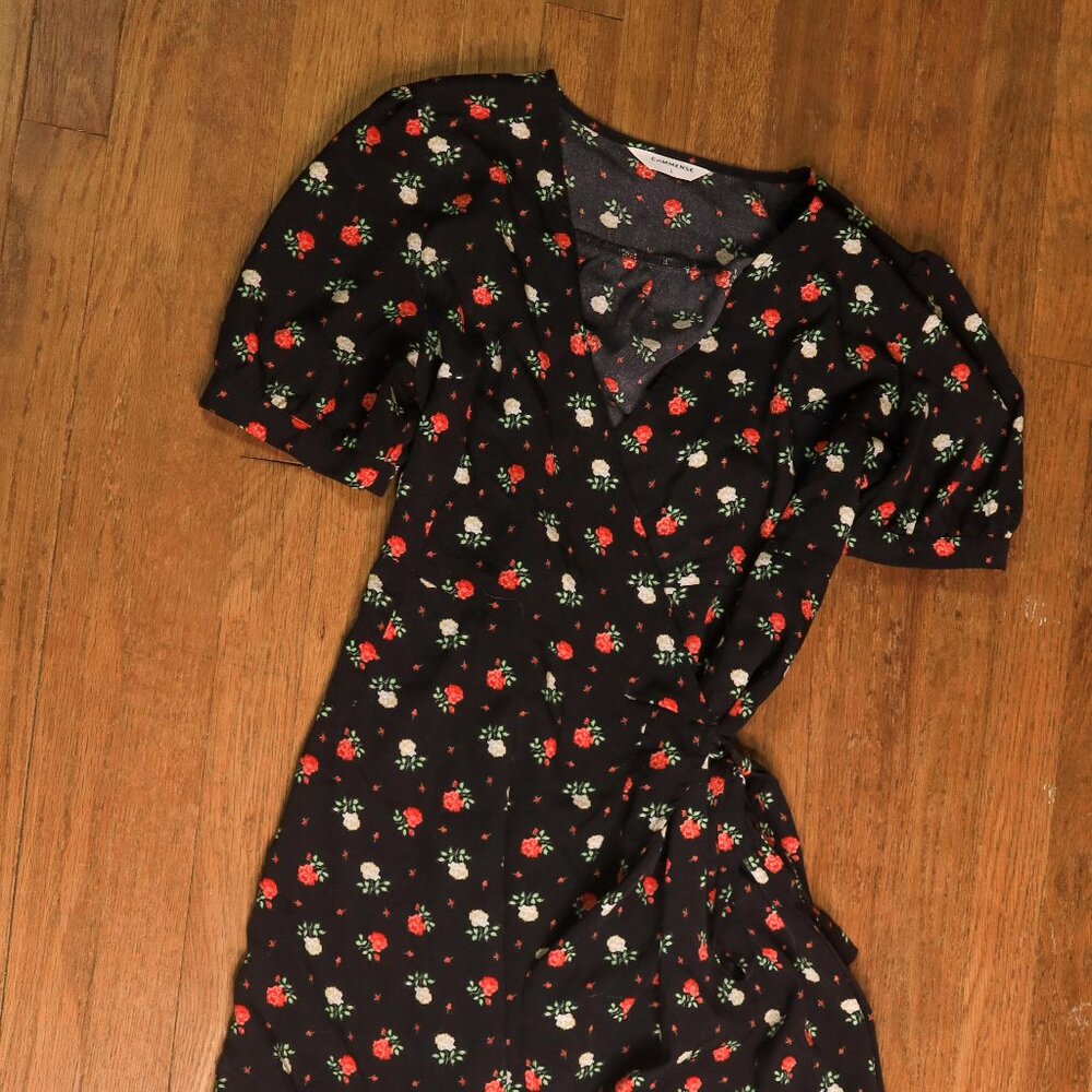 Black Midi Wrap Dress with Red Floral Patterns